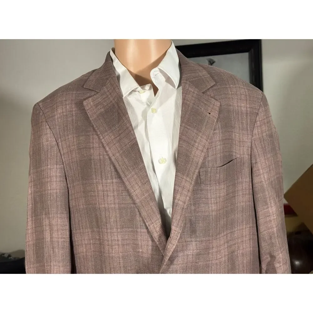 Brunello Cucinelli Peach Taupe Plaid Blazer Sport Jacket 52 IT 42R US Linen Silk